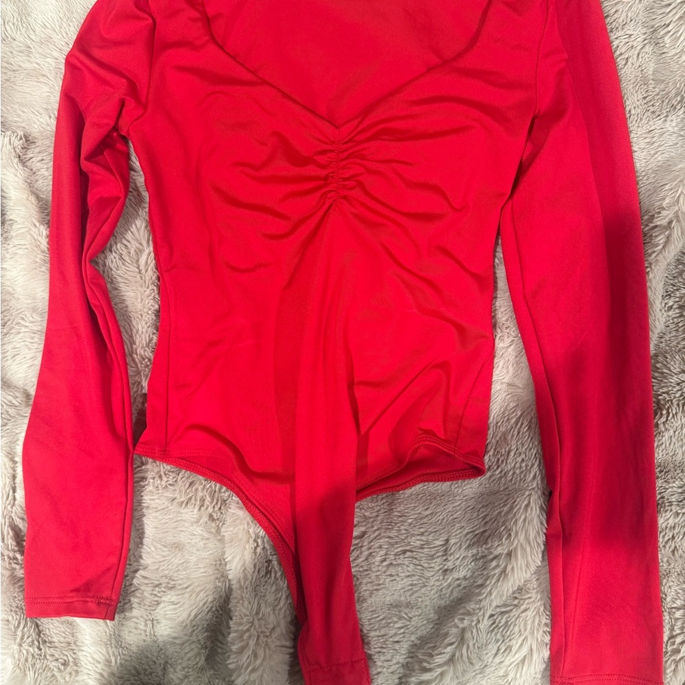 Women's Long Sleeve Red Ruched V-Neck Bodysuit